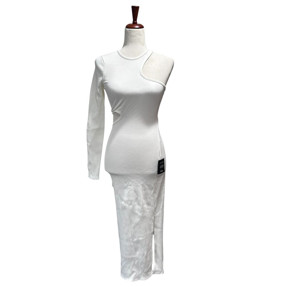 Lulu's NWT Small Enticing Allure White Ribbed Asymmetrical Cutout Midi Dress